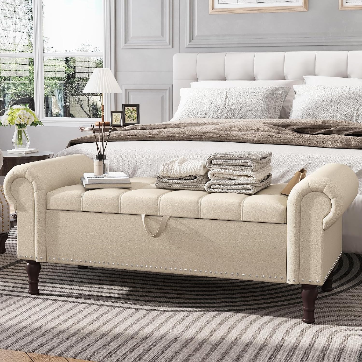 Apicizon 51' Bench with Storage, Faux Leather Ottoman Bench with Rolled Arm & Vintage Rivets, End of Bed Bench for Bedroom, Living Room, Entryway, Beige+Brown Legs