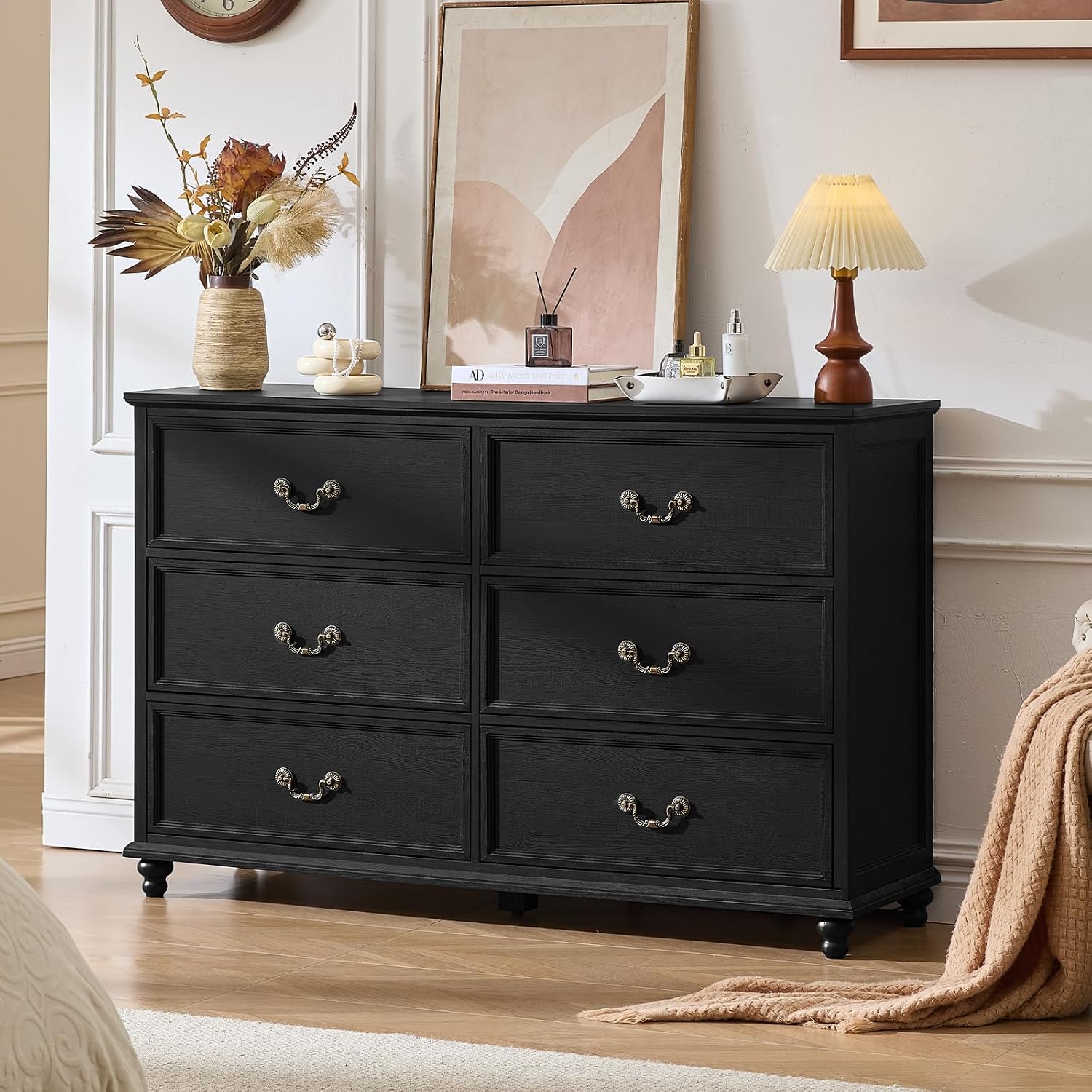 Joaxswe Farmhouse 6 Drawers Dresser for Bedroom, Vintage 54' Wide Chest of Drawers w/ 4 Wooden Legs, Rustic Large Closet Storage Dressers Organizer for Hallway, Wood TV Stand for Living Room, Black