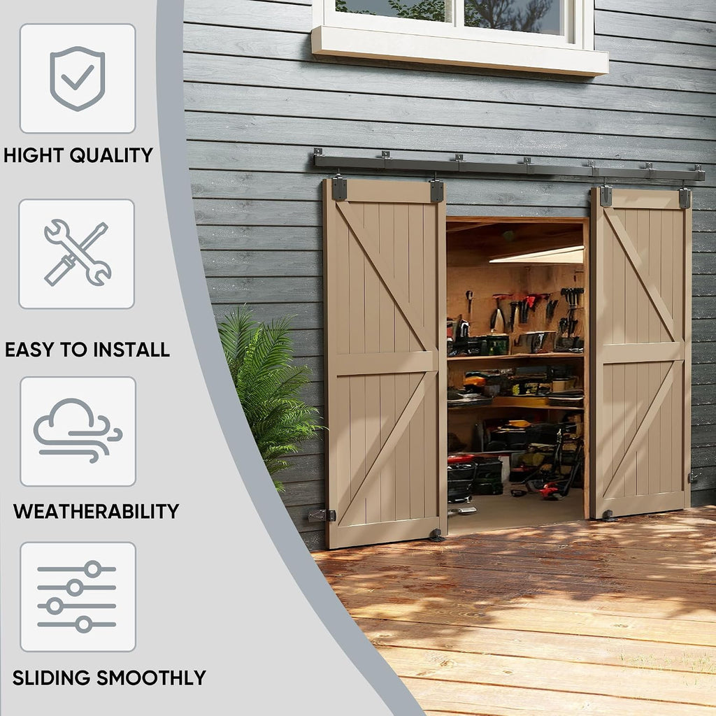 JUBEST 12FT Box Rail Exterior Barn Door Hardware Kit, Heavy Duty Sliding Door Track Kit Wall Mount Door Hardware Kit for Two Doors System(Doors Not Included), Black