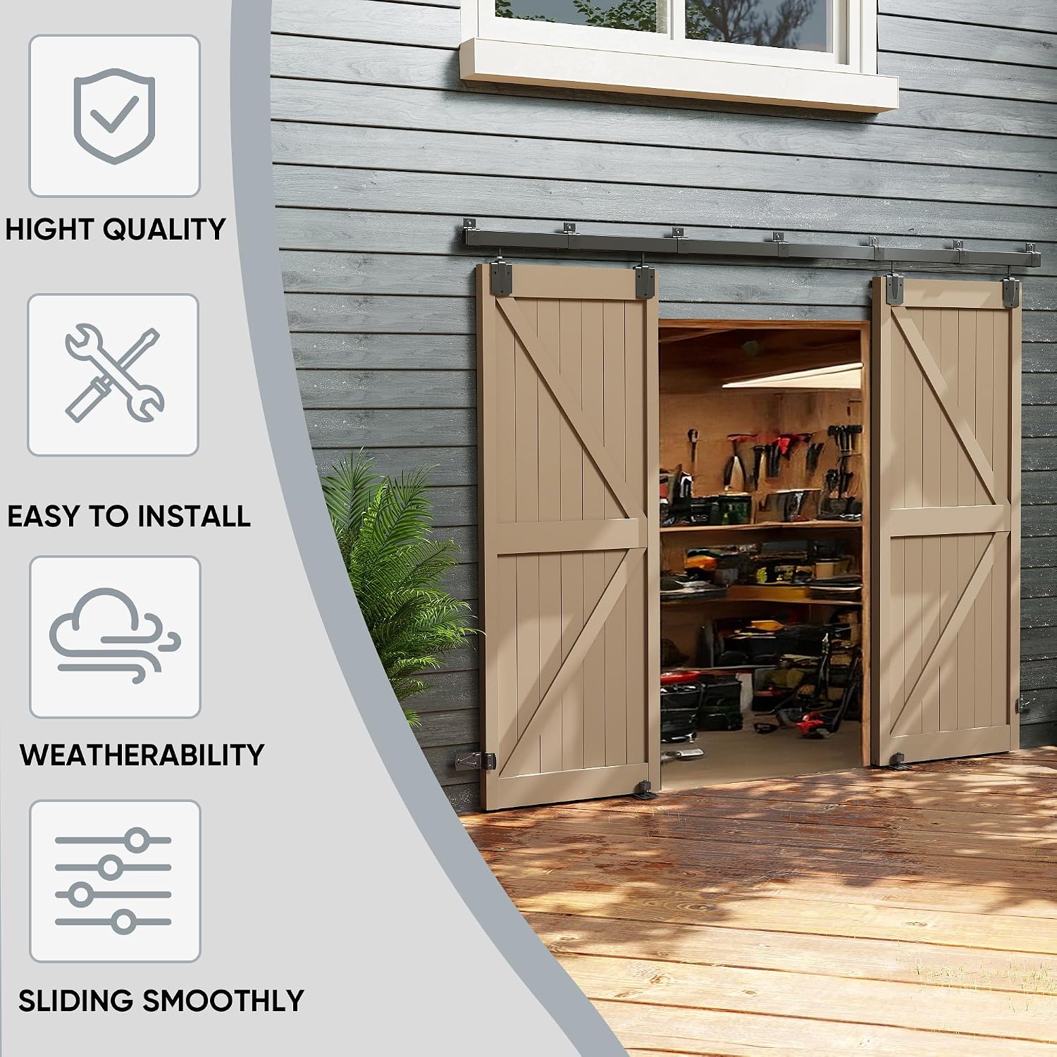 JUBEST 12FT Box Rail Exterior Barn Door Hardware Kit, Heavy Duty Sliding Door Track Kit Wall Mount Door Hardware Kit for Two Doors System(Doors Not Included), Black