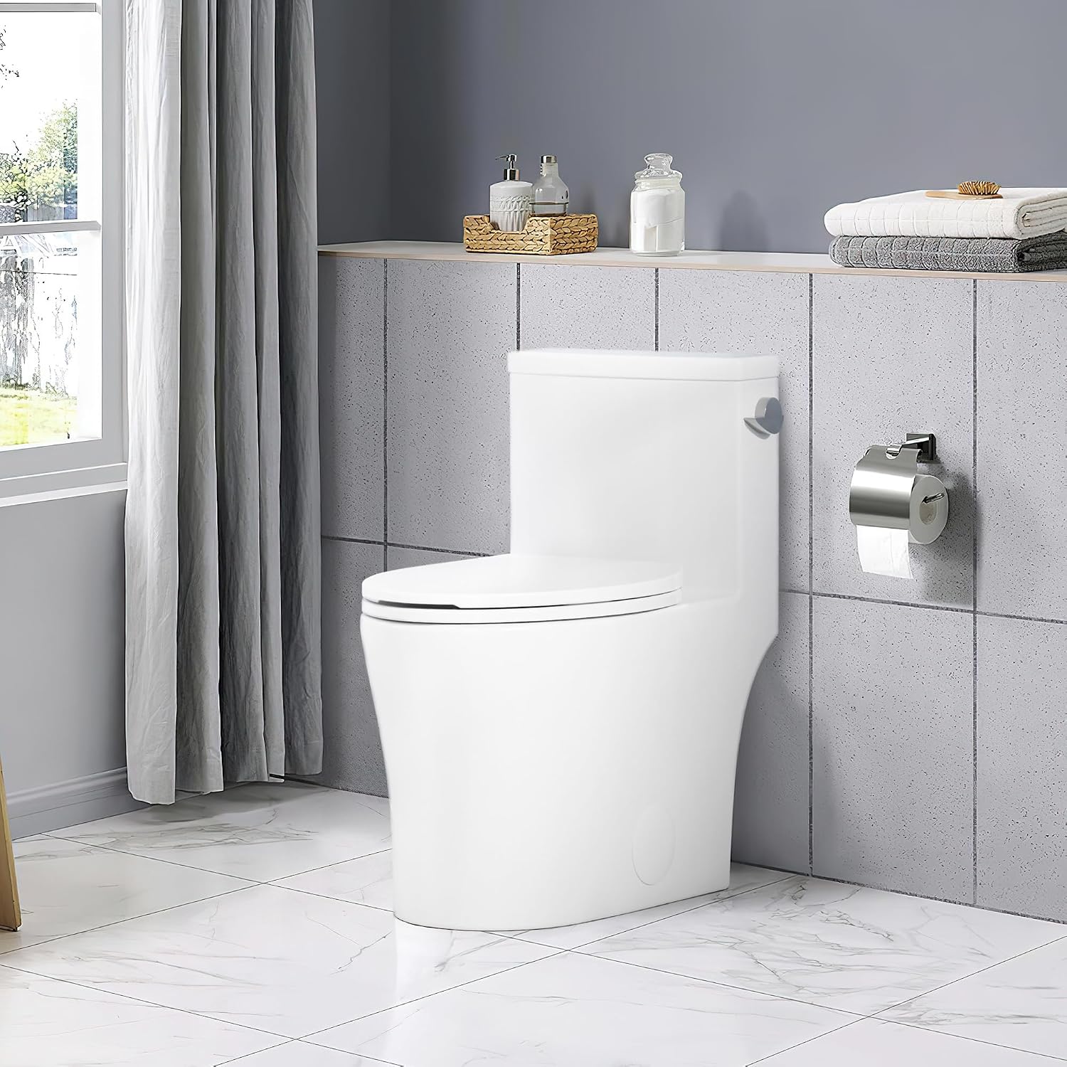 One Piece Elongated Toilet with Side Flush Handle and Quick Attach Soft Close Seat, High Seat Comfort for Seniors and Compact Bathrooms