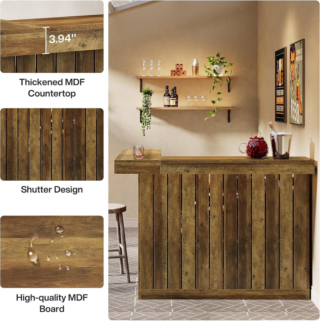Tribesigns Home Bar Unit, L Shaped Bar Table for Home, 4-Tier Corner Liquor with Storage Shelves and Wine Glasses Holder, Industrial Wine Cabinet Reception Desk for Basement (1, Brown)