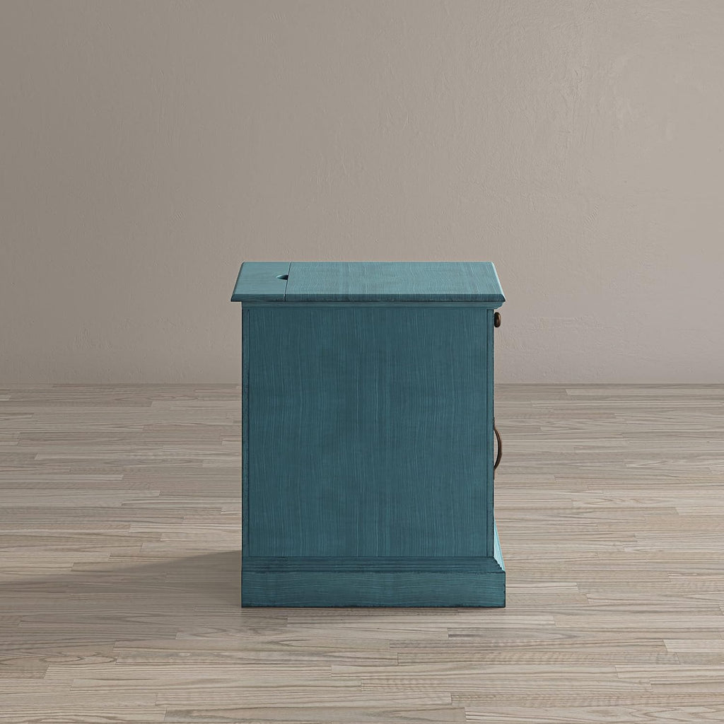 Jofran Farmhouse Craftsman End Table with Charging Station – Narrow Night Stands with USB Charging Port – Space-Saving Design for Bedroom, Living Room, or Entryway, Antique Blue