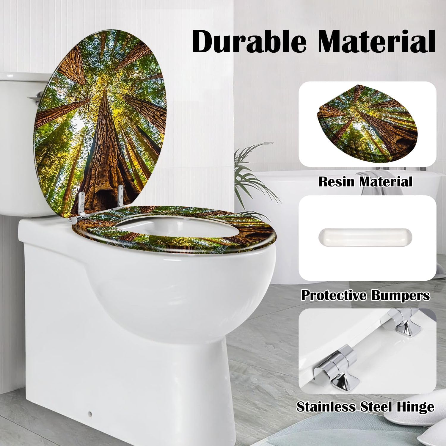 Round Toilet Seat Secuoia Forest Resin Toilet Seat Slow Quiet Close with Quick-Release Hinges Toilet Seat with Cover Easy to Clean Install