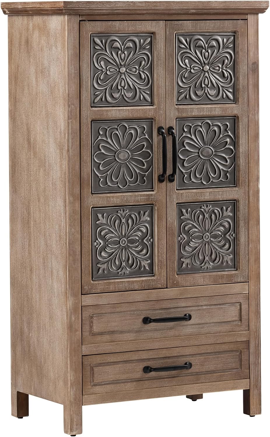 COSIEST 48' Tall Farmhouse Accent Cabinet with Doors and 2 Drawers, Rustic Wood Storage Buffet, Embossed Metal Floral Carving Chest with Adjustable Shelves for Living Room, Entryway, Dining Room