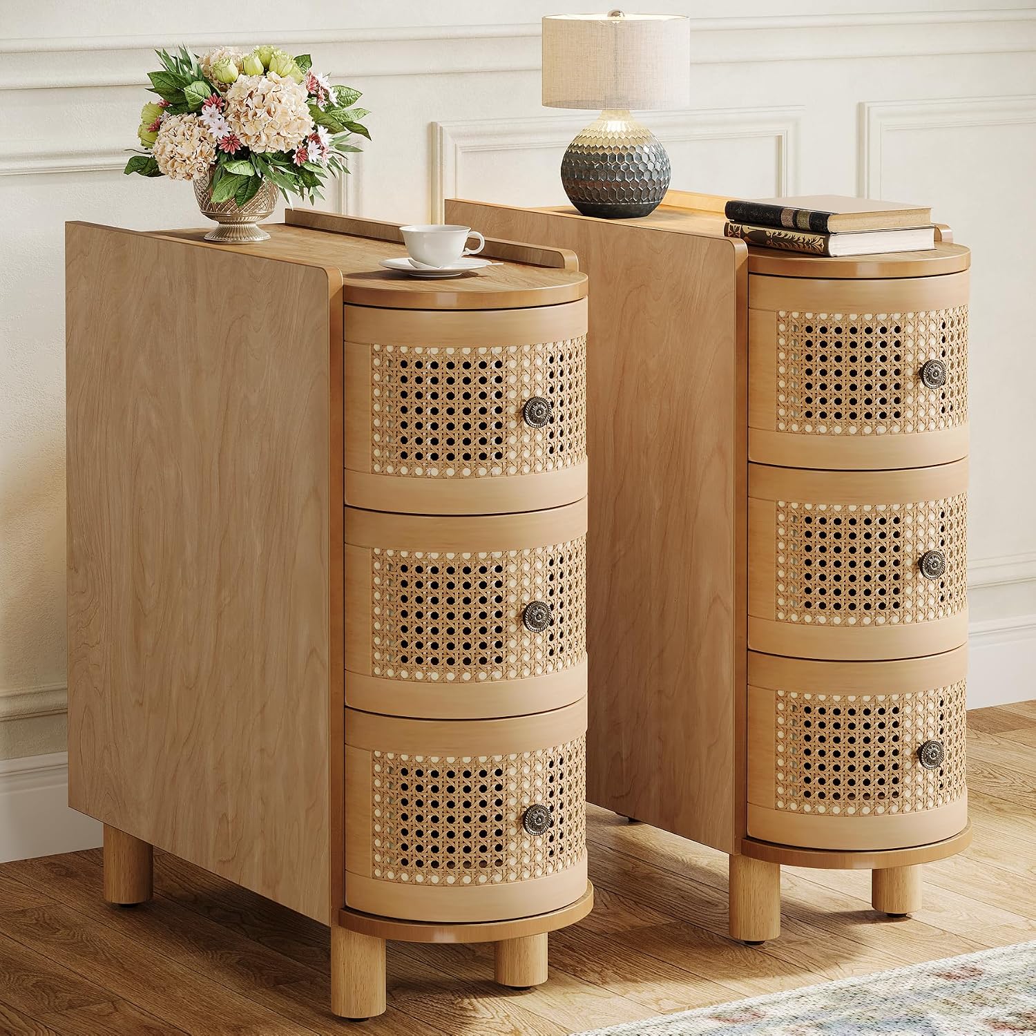 Tribesigns Solid Wood End Table, 3-Drawer Rattan Side Table, Night Stand with 3 Rattan Drawers and Exquisite Embossed Handles for Living Room, No Assembly Required (2, Oak)