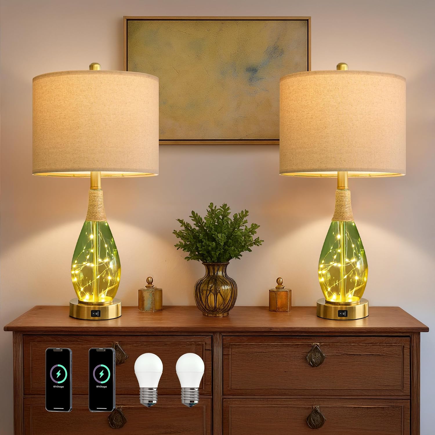 OYEARS 23' Table Lamps Set of 2,Farmhouse Lamps with Glass Nightlight, Bedside Lamps for Living Room, Rattan Lamps for Bedroom Nightstands, Two Light Points