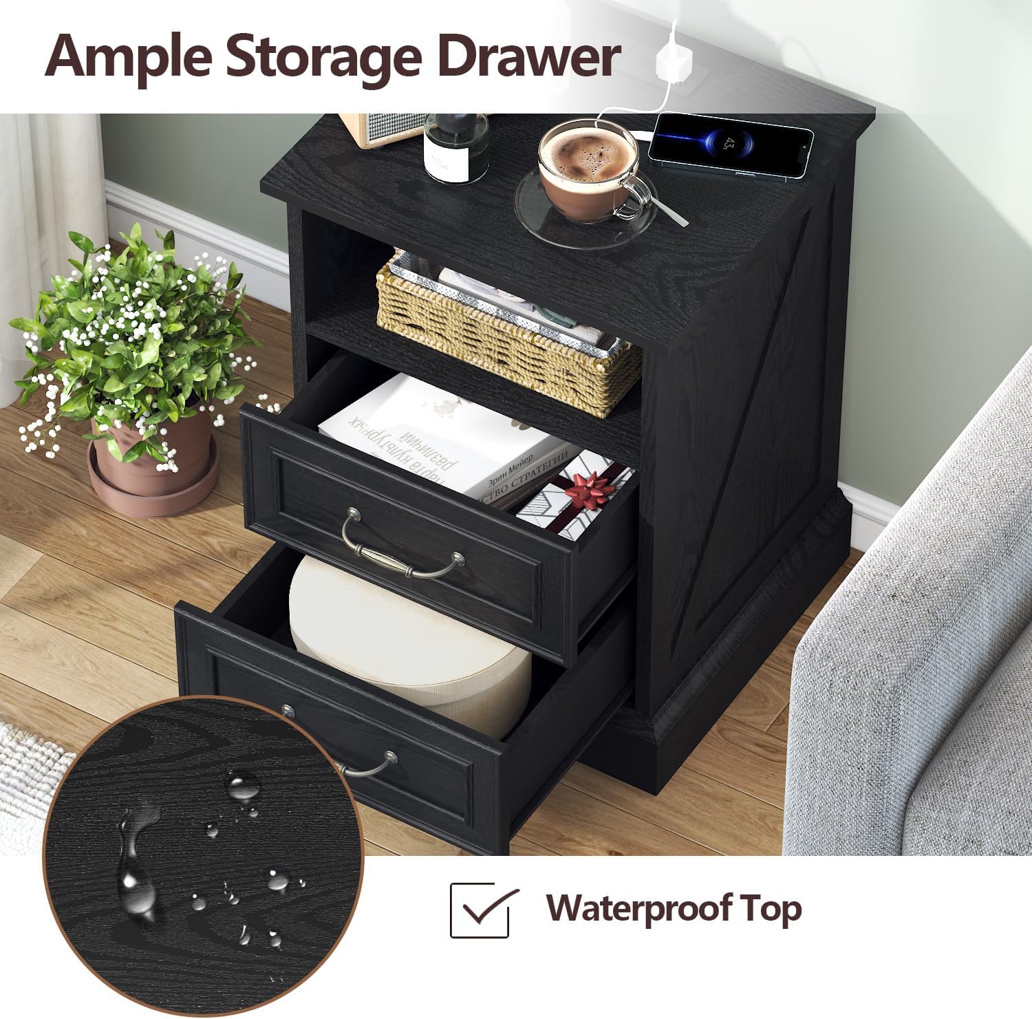 Nightstand with Charging Station,18' Wide End Table with 2 Large Drawers & Metal Handles,Rustic Farmhouse Wood Small Dresser,Bedside Table,Modern Chest of Drawers for Bedroom,Living Room,Black