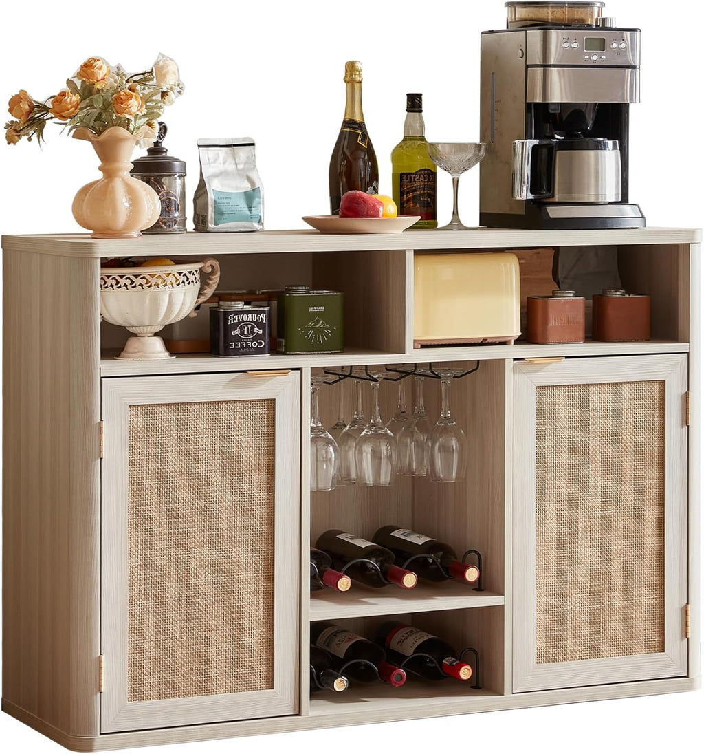 Lerliuo Rattan Wine Cabinet with 2 Doors, Boho Liquor Cabinet with Wine Racks, Farmhouse Coffee Bar Station for Living Room, Dining Room, Kitchen, Grey White