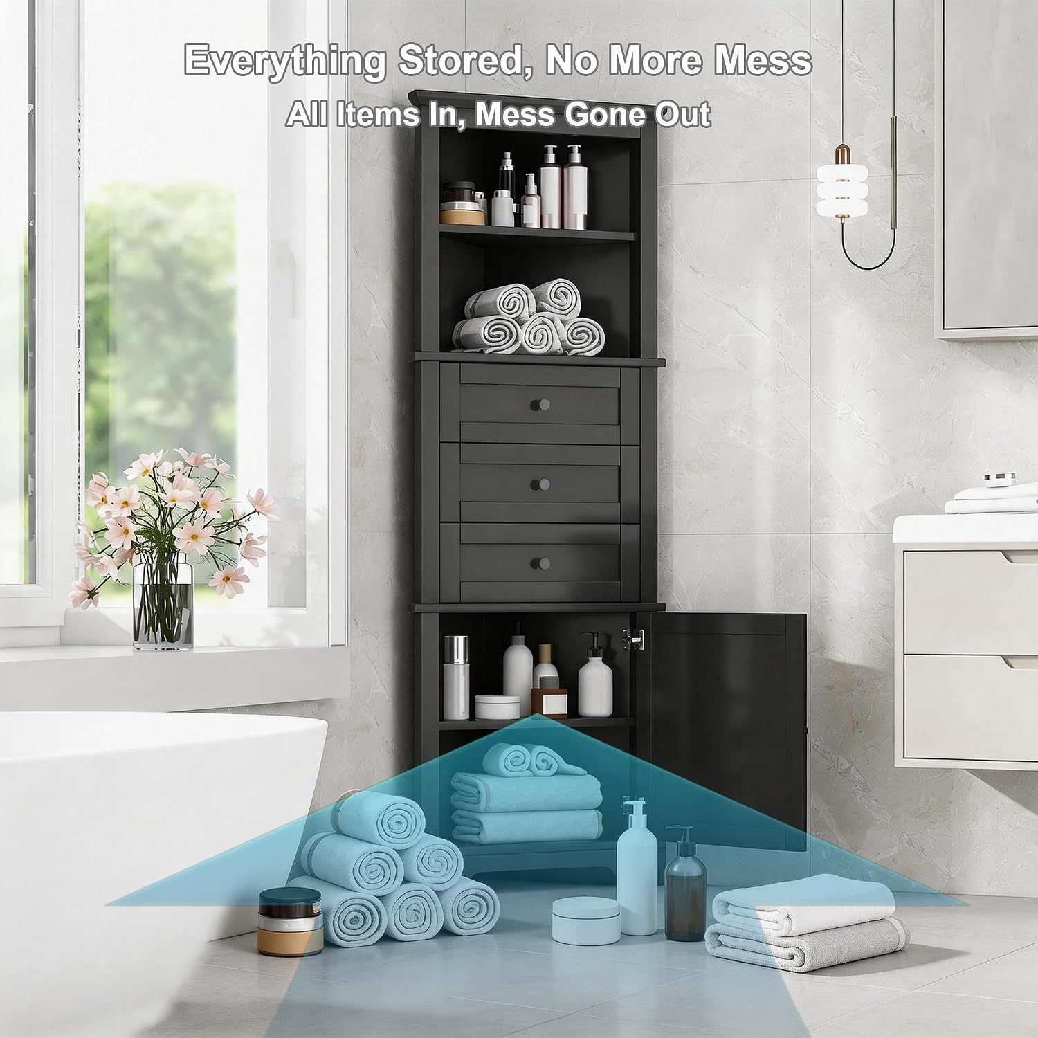 Corner Storage Cabinet with Adjustable Shelves, 68.9 in Tall | MDF, painted finish, adjustable shelves, corner fit, enclosed storage, bathroom, kitchen, 23 W x 13.4 D x 68.9 H in