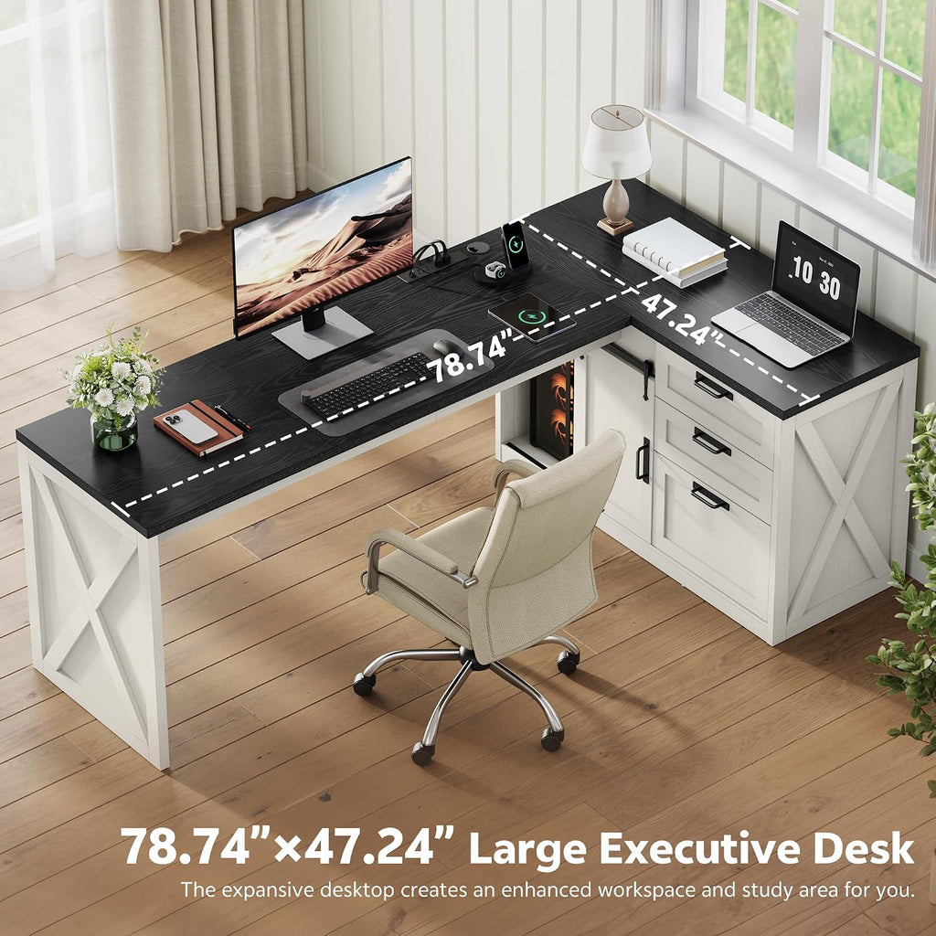 Farmhouse L Shaped Office Desk with Drawers 78 Inch L Shape Desk Executive Office Desk with File Cabinet Storage Shelves and Power Outlets for Home Office, White and Black