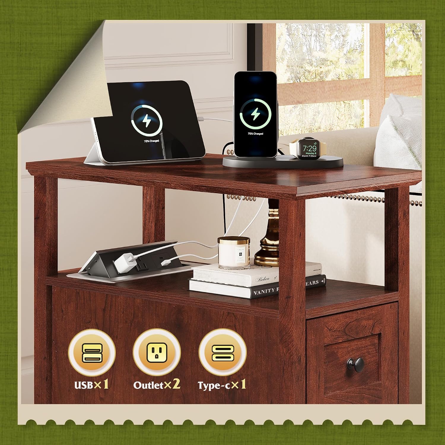WLIVE Narrow Side Table with Charging Station, Wooden End Table with 2 Drawers, End Tables Living Room, Bedroom, Small Space, Antique Cherry