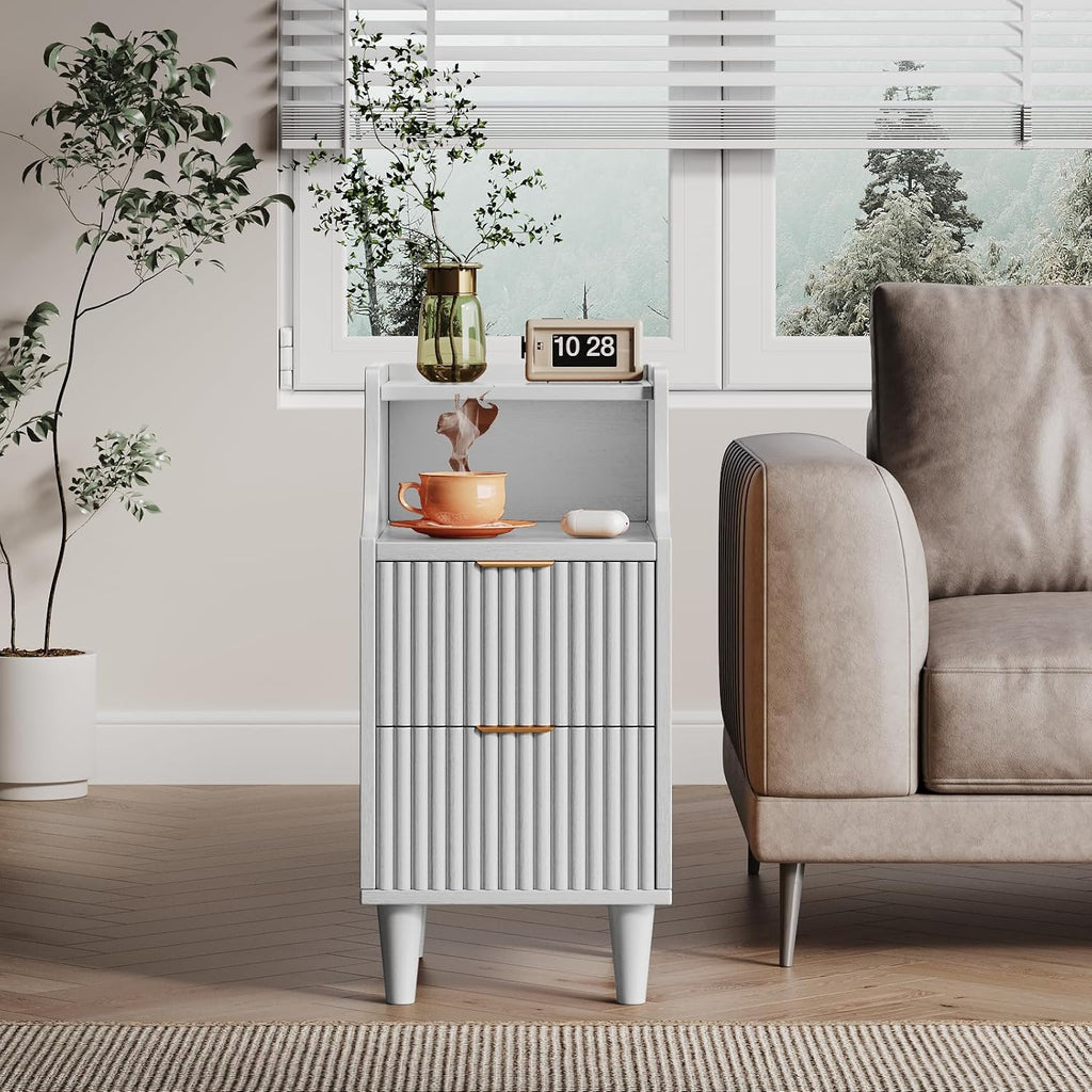 Narrow Nightstand Set of 2,11.8' Fluted Bedside Table Set of 2, Slim Side End Table with 2 Drawers, Wooden Bedside Table, White Wood Night Stand for Bedroom Livingroom Sofa Office