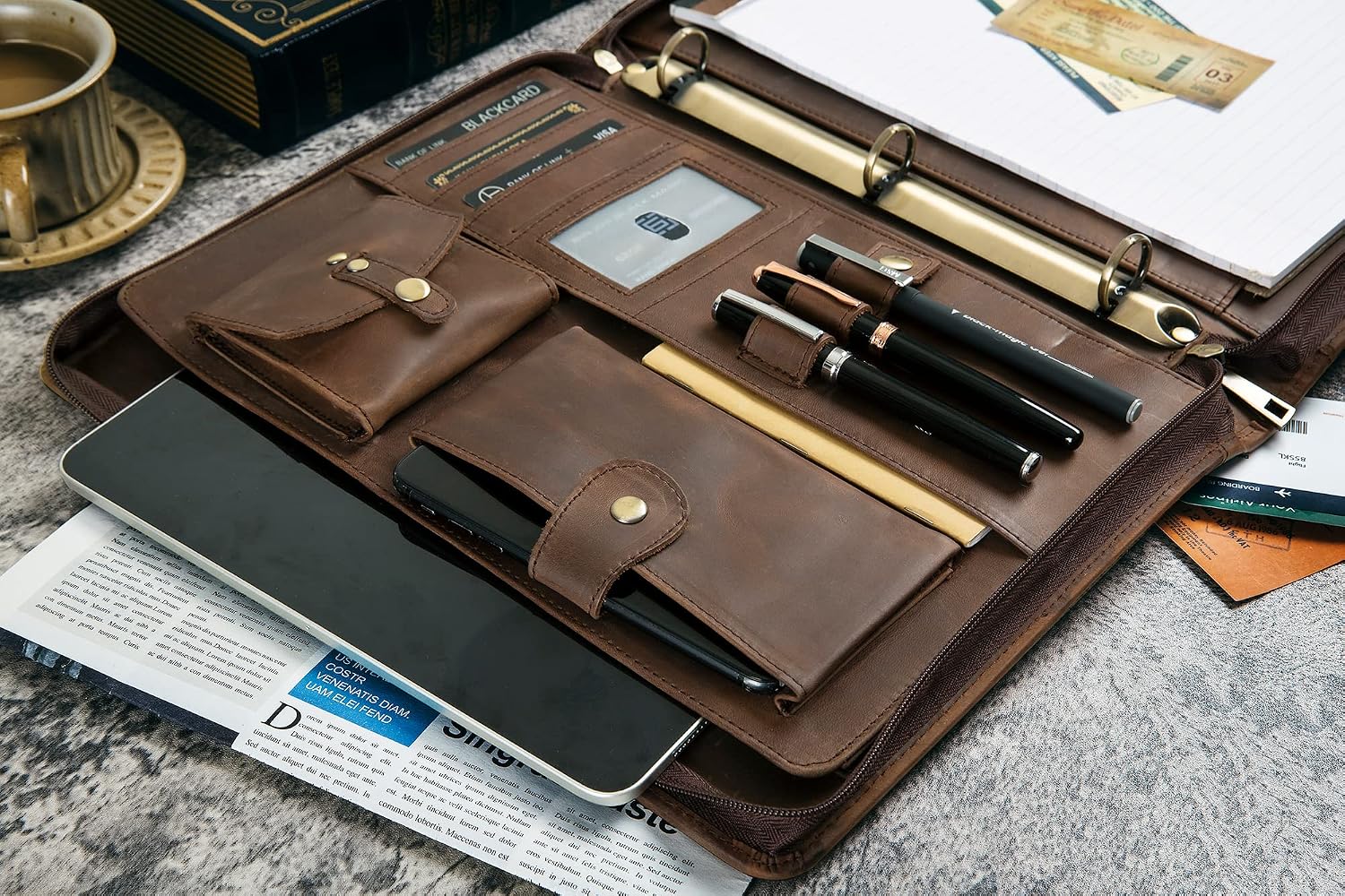 DUKE&COW Leather Portfolio with 3 Ring Binder, Personalized Binder Padfolio Executive Folio Zippered, Engraved Folder Organizer, Custom Gift for Men Women （Dark Khaki, Custom）