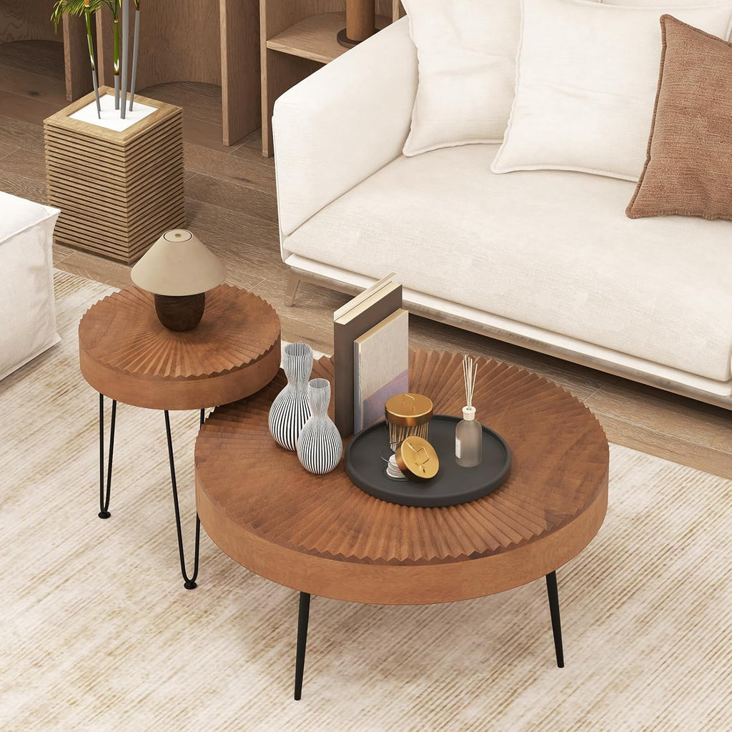 Giantex Boho Round Coffee Table Set of 2, Sofa Side Nesting Table with Solid Pine Wood Top, Metal Legs & Adjustable Foot Pads, 31.5' D Large Table Set for Living Room (Radial Pattern, Brown)