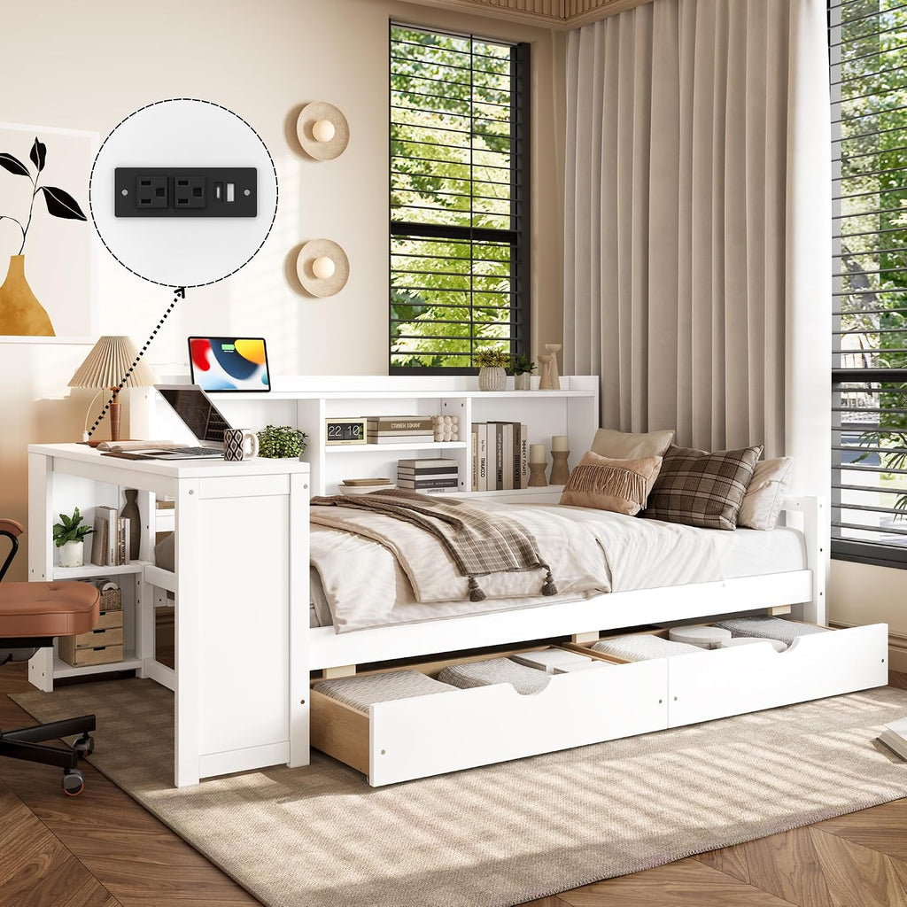 SOFTSEA Twin Corner Bed Frame with Storage Drawers, Desk & Bookcase, Wood Corner Daybed with Charging Station, L-Shaped Daybed for Kids Bedroom, No Box Spring Needed, White