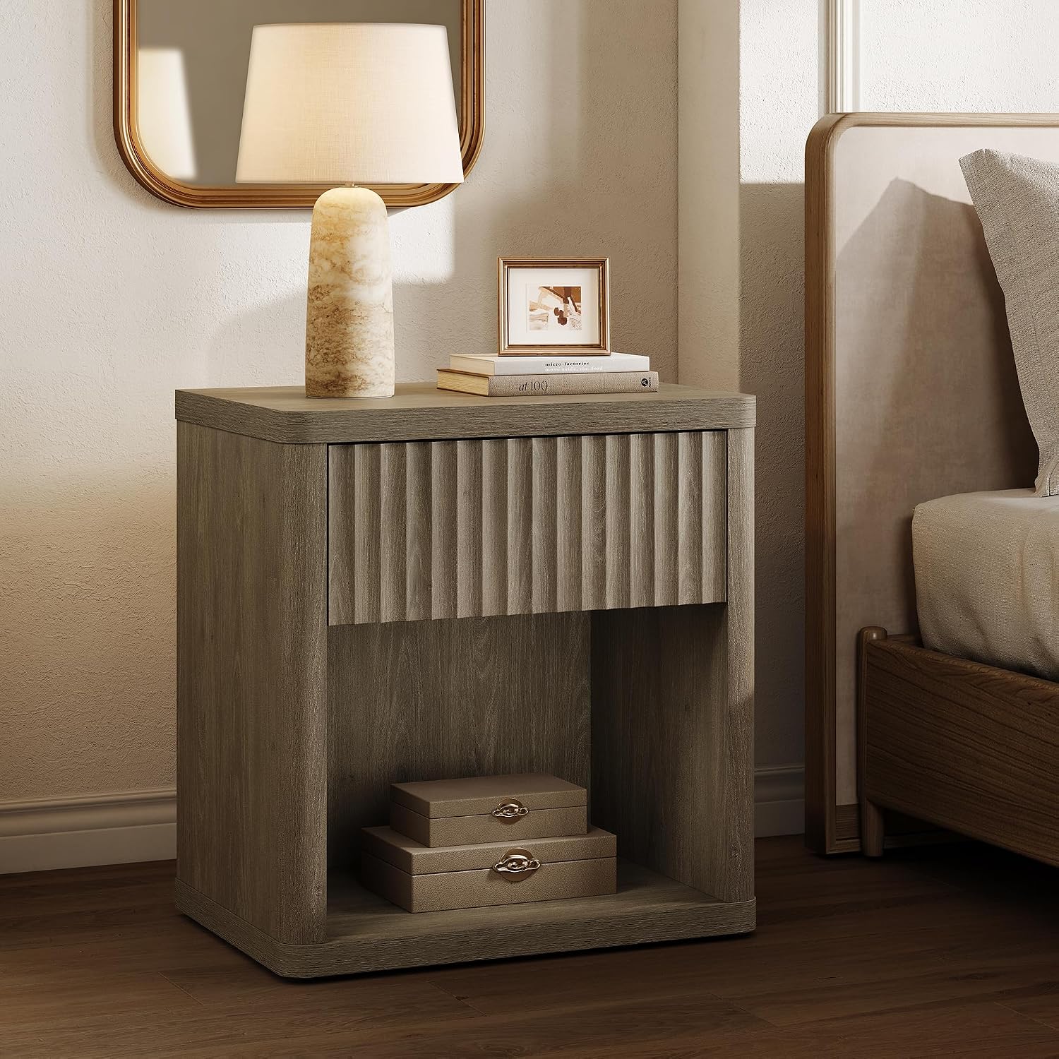 SICOTAS Night Stand Set of 2 Nightstands with Drawer Storage Fluted Bed Side Table End Table Large Modern Wide Bedside Stand Mid Century Night Stands for Bedroom Living Room Sofa Office, Grey Alder