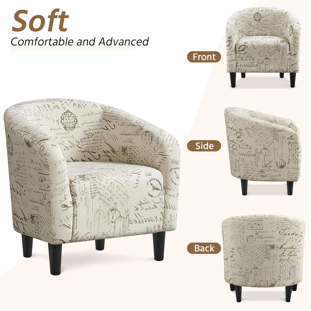 Yaheetech Accent Chair with Foot Rest, Mid Century Modern Upholstered Soft Barrel Chair, Comfy Fabric Armchair and Footrest Set for Living Room/Bedroom/Reading Room, Set of 2 Letter Print