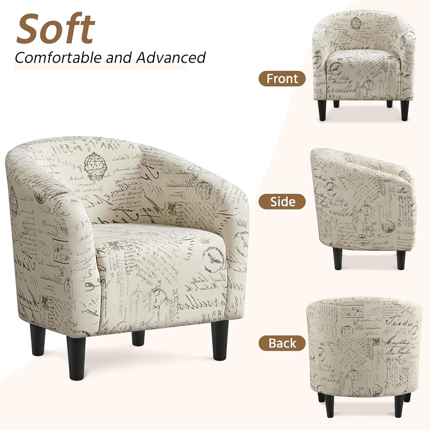 Yaheetech Accent Chair with Foot Rest, Mid Century Modern Upholstered Soft Barrel Chair, Comfy Fabric Armchair and Footrest Set for Living Room/Bedroom/Reading Room, Set of 2 Letter Print