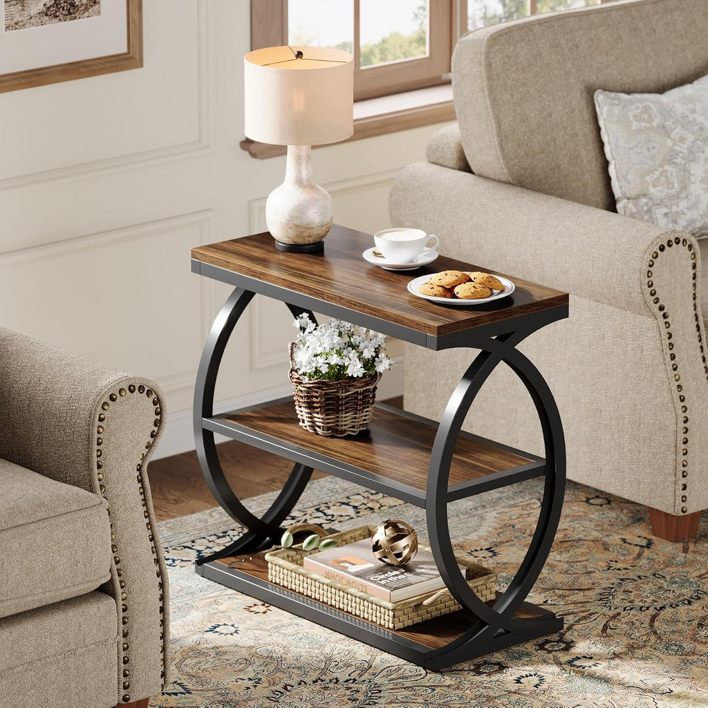 Tribesigns End Table Set of 2, Narrow 3-Tier End Table for Living Room, Industrial Wooden Side Table with Metal Frame, Small Bedside Nightstand for Bedroom, Small Spaces, Rustic Brown