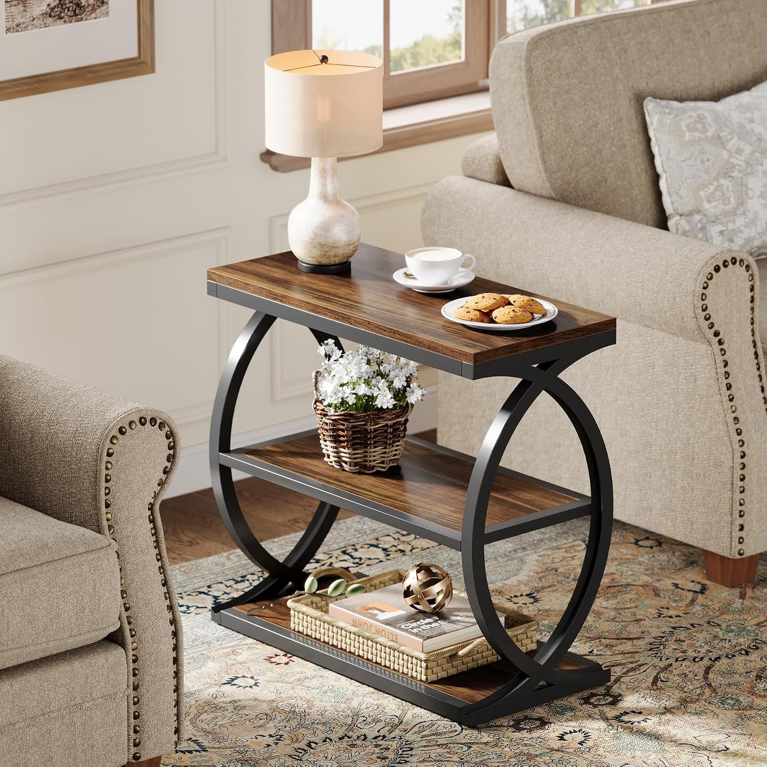 Tribesigns End Table Set of 2, Narrow 3-Tier End Table for Living Room, Industrial Wooden Side Table with Metal Frame, Small Bedside Nightstand for Bedroom, Small Spaces, Rustic Brown