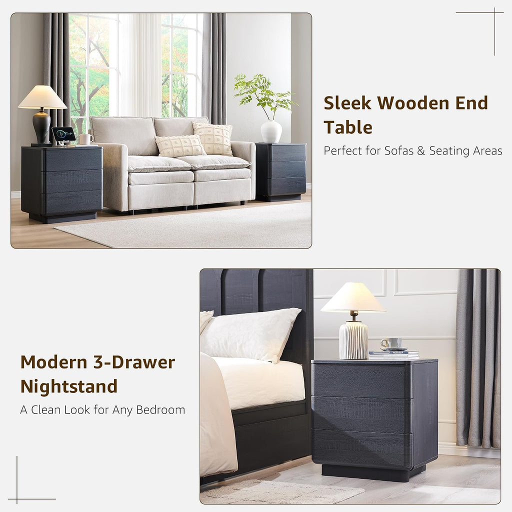 ACCOHOHO 22' Modern Nightstand with Charging Station, Push-to-Open Handleless 3 Drawers Bedside Table, Large End Table with Storage, Night Stand for Bedroom, Living Room, Curved Profile, Black