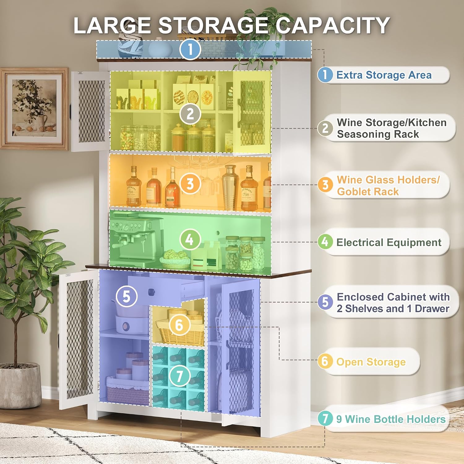 GDFStudio 70.9' Kitchen Pantry Storage Cabinet with LED,Outlets & USB,Rustic Farmhouse Buffet Hutch Cabinet with Countertop,Wine Rack,Glass Holder,Adjustable Shelves,Food Pantry Storage Cabinet,White