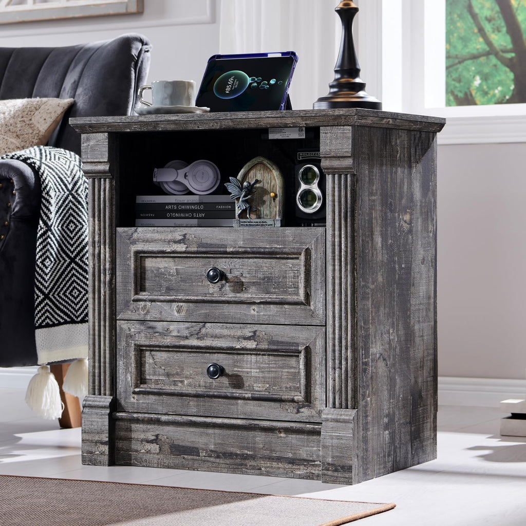 Aitjunz 26' Tall 2 Drawers Dresser for Bedroom, Farmhouse 23.6' Wide Large Nightstand with Charging Station, Wood Rustic Side Table w/Roman Column, End Table for Bedroom, Living Room, Light Grey