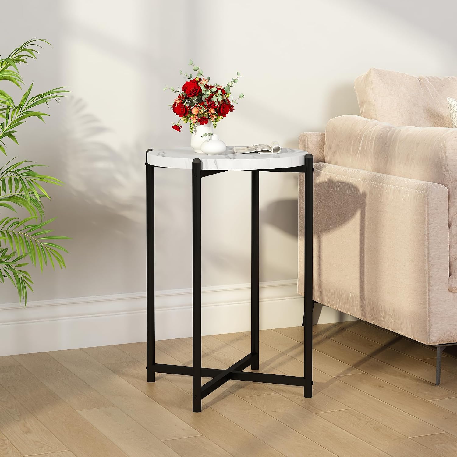 Hooseng Coffee Table Set of 3 Coffee Table and end Table Sets, Modern Living Room Table Set with Metal Frame for Apartment Home Office White Black