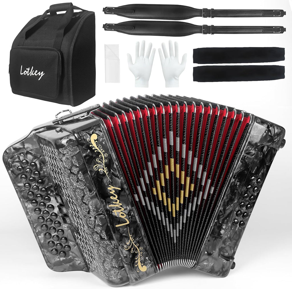 Lotkey 34 Key Diatonic Accordion, 3412 Multi Tone Celluloid Accordions Louder Clearer Timbre than Plastic for Adult, Beginner, Professional with Updated Bag, Straps, Acordeón Wrist Guard (FBE Grey)