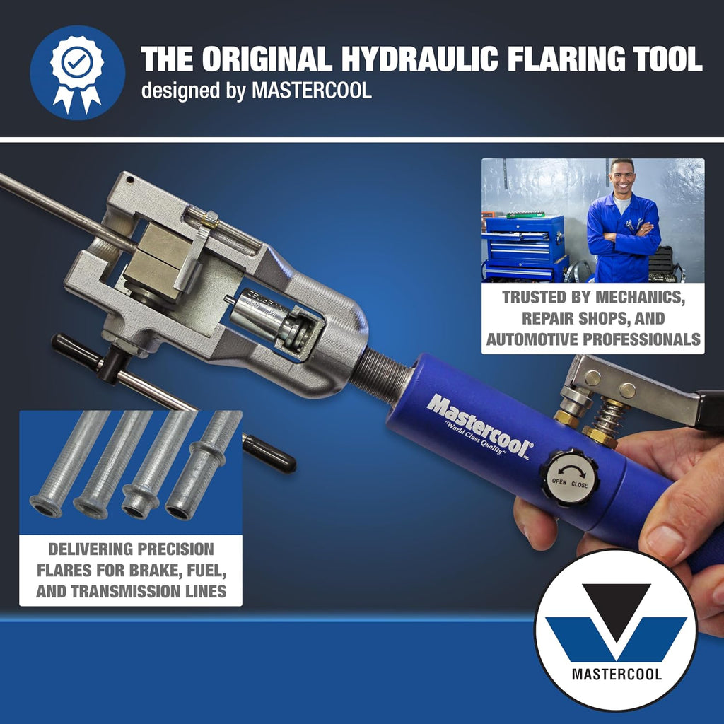Mastercool 72475-PRC Universal Hydraulic Flaring Tool Set – Patented Design – 45° Double & Single Flares, Push Connect, GM Fuel Line, Brake Line – Includes Hydraulic Ram & Mini Tube Cutter