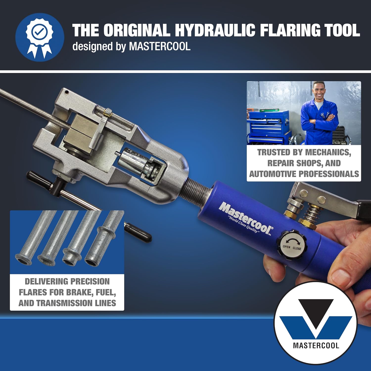 Mastercool 72475-PRC Universal Hydraulic Flaring Tool Set – Patented Design – 45° Double & Single Flares, Push Connect, GM Fuel Line, Brake Line – Includes Hydraulic Ram & Mini Tube Cutter