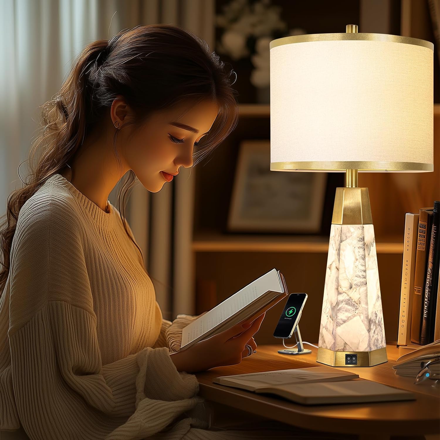 KIVDITZO 27' Alabaster Table Lamps Set of 2 - Lamps for Living Room with Night Light, Bedside Lamps with White Linen Shade, Nightstand Table Lamp with USB A+C Port for Bedroom Office (Bulb Included)