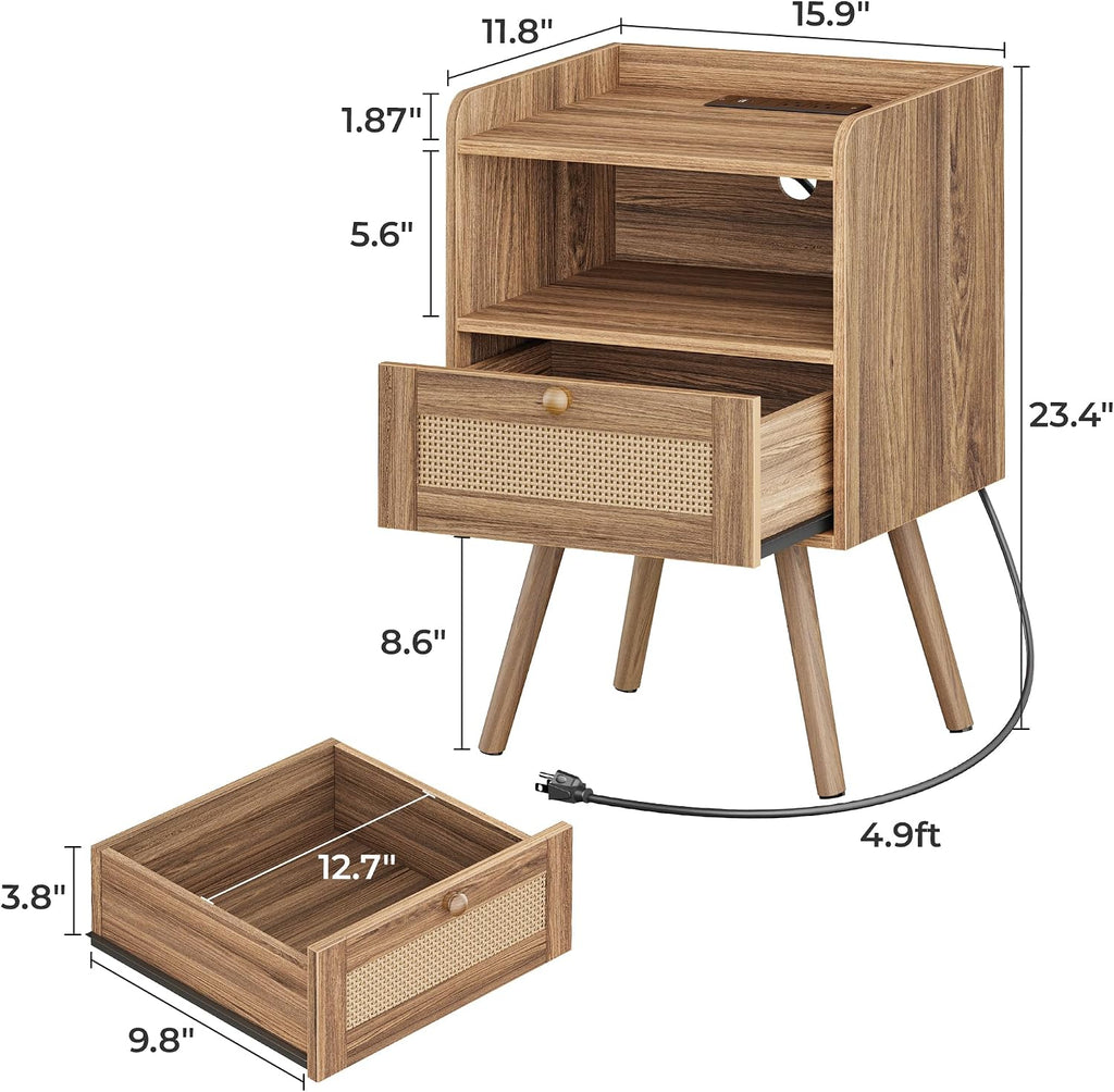 SUPERJARE Nightstands Set of 2, Night Stands with Charging Station & PE Rattan Decor Drawer, Bed Side Tables with Solid Wood Feet, End Table, for Bedroom, Living Room, Walnut
