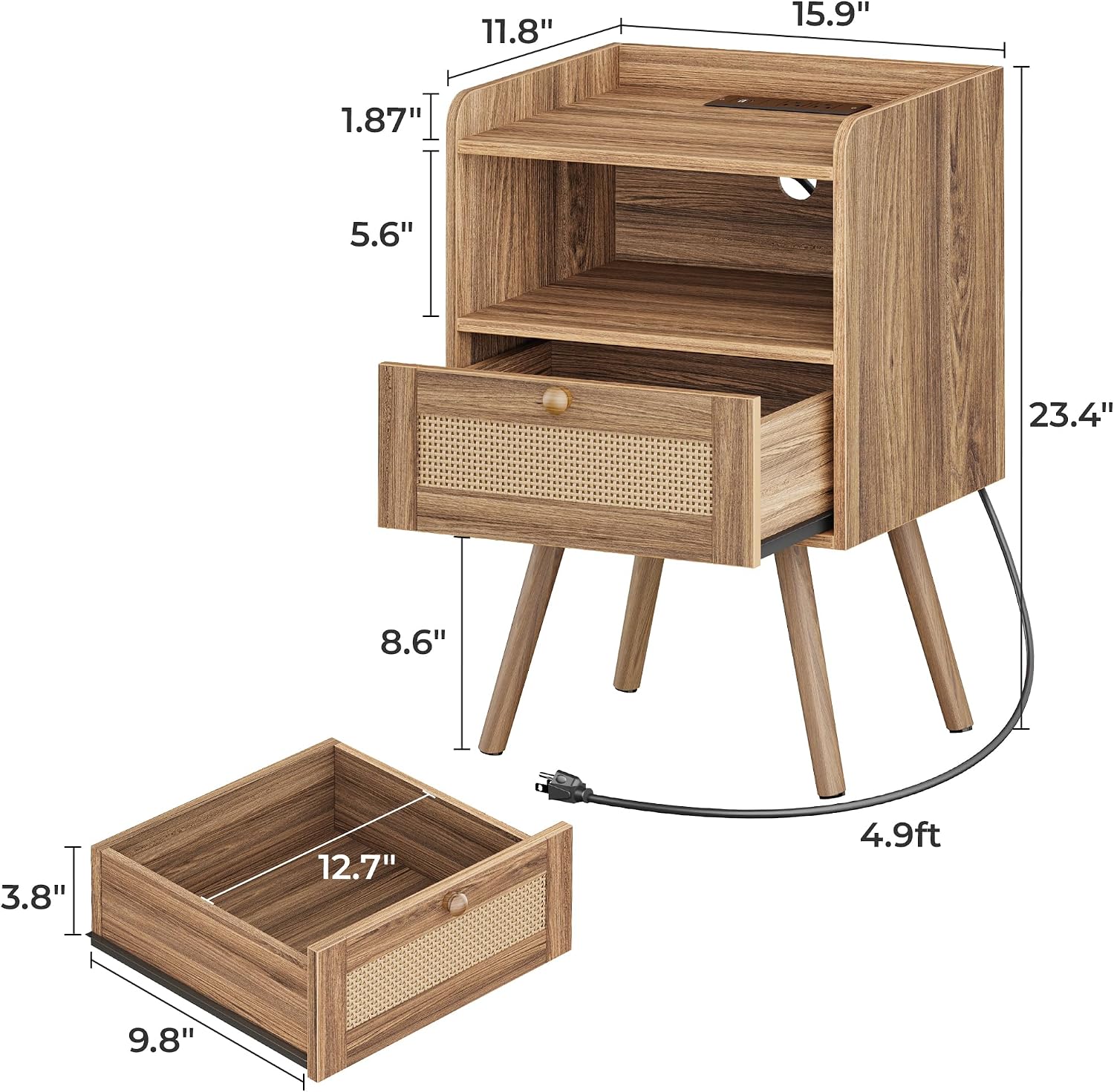 SUPERJARE Nightstands Set of 2, Night Stands with Charging Station & PE Rattan Decor Drawer, Bed Side Tables with Solid Wood Feet, End Table, for Bedroom, Living Room, Walnut