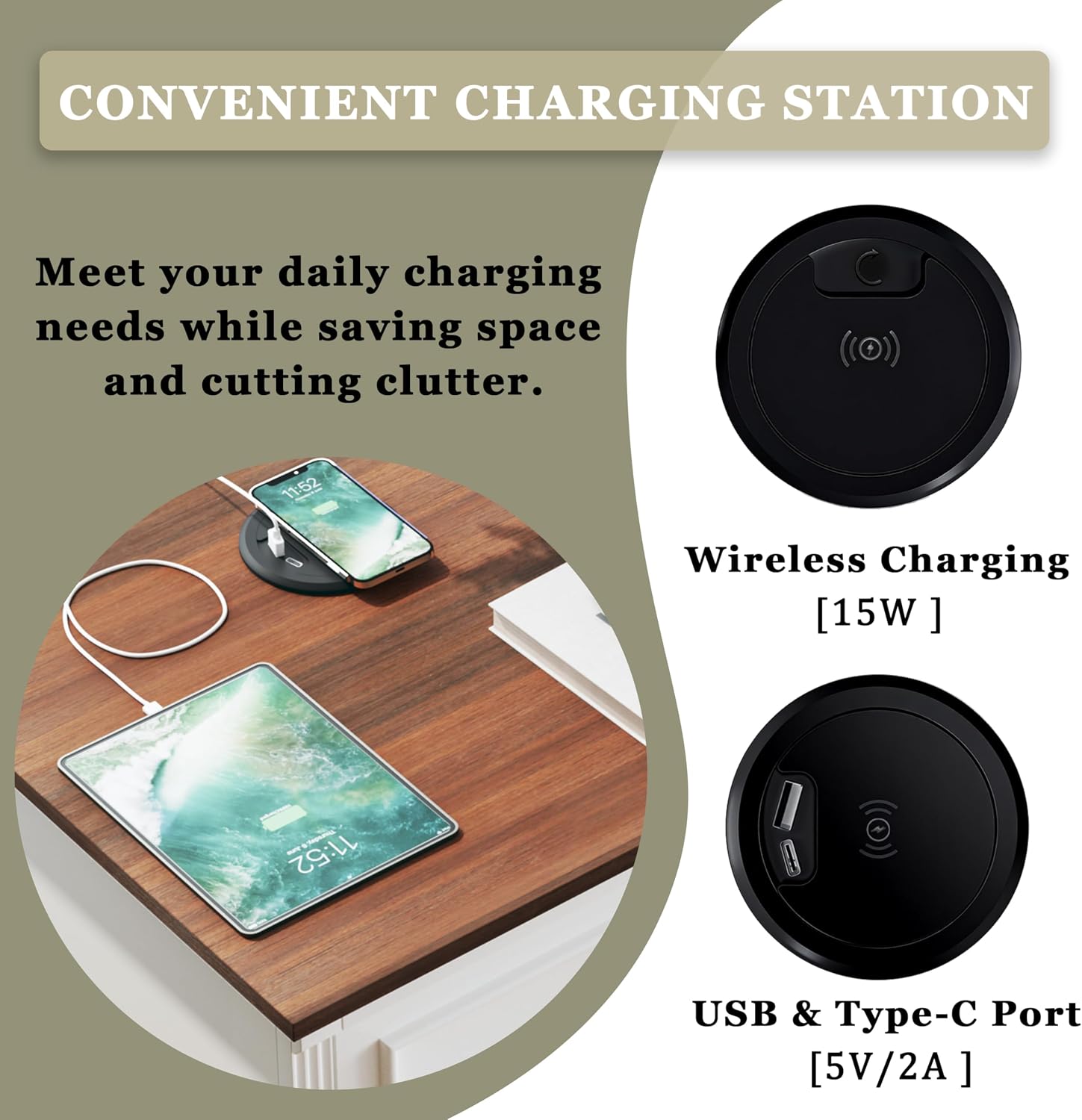 HUAHUU Farmhouse Nightstand Set of 2, Side Table with Wireless Charging Station, Wood Rustic End Table with Roman Column & Metal Handle for Bedroom, White