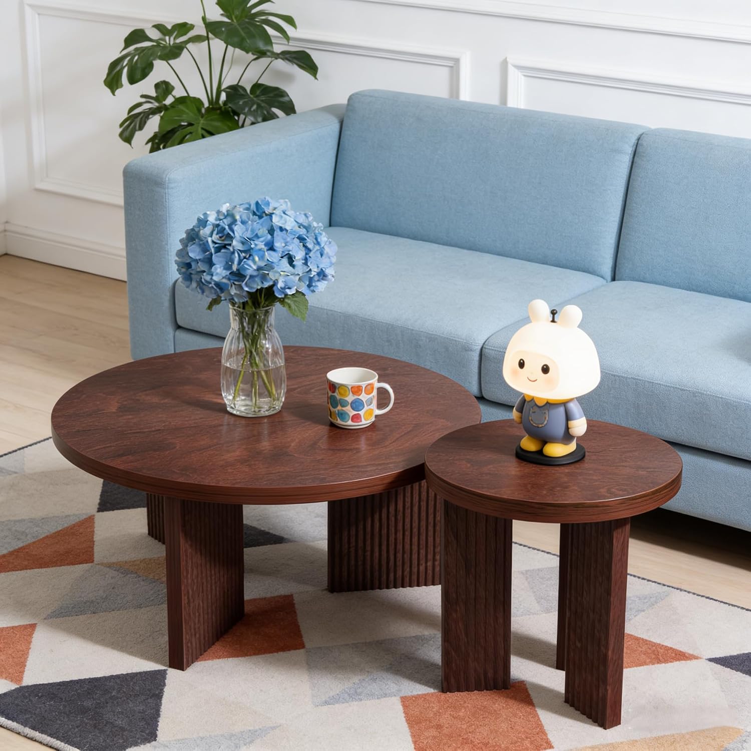 Nesting Coffee Table Set of 2, Modern Wooden Coffee Table with Smooth Thick Design, Circle Tea Table and End Table Set, Accent Center Tables for Living Room, Office, Burgundy