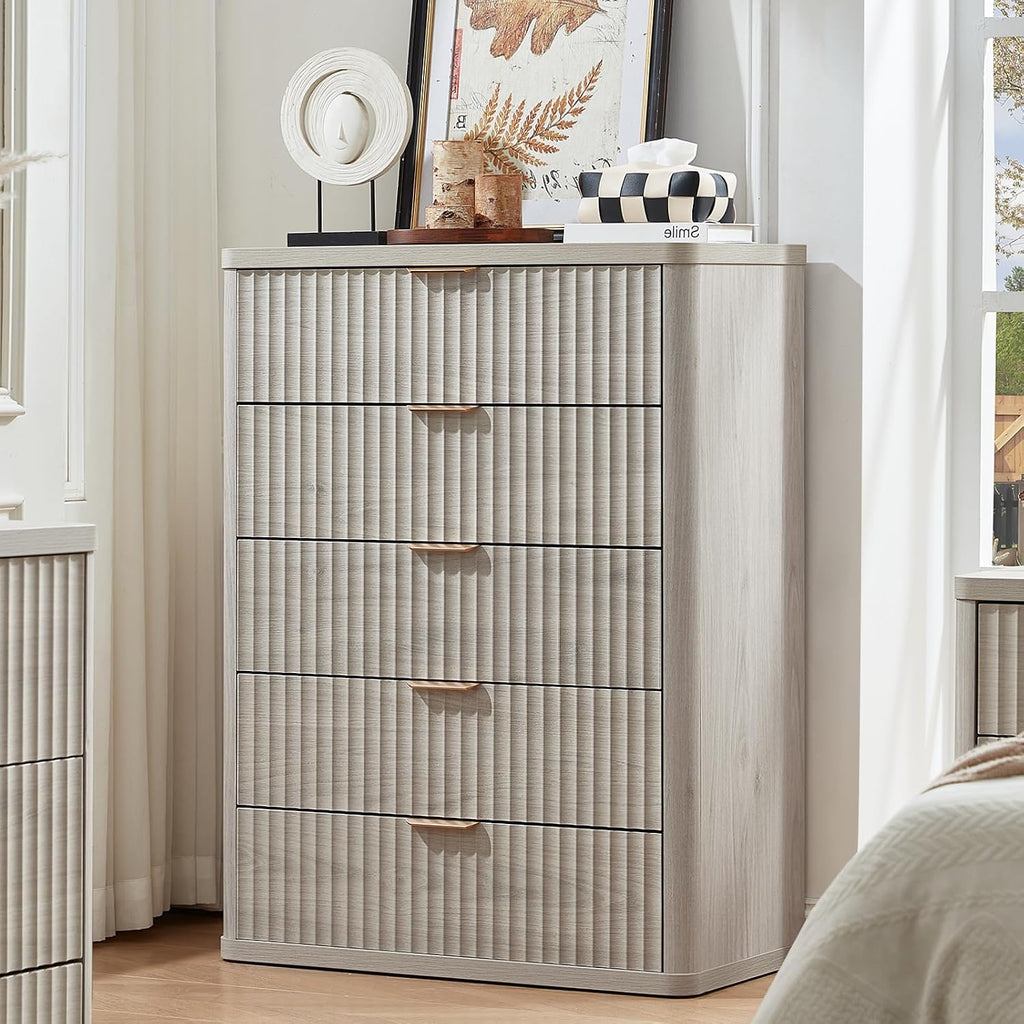 LEYAOYAO Fluted 5 Drawers Dresser Set of 2, 41' Tall Modern Chest of Drawers with Metal Handle, Curved Profile Dresser TV Stand, Wooden Drawer Organizer for Bedroom, Living Room, Hallway, Lightgrey
