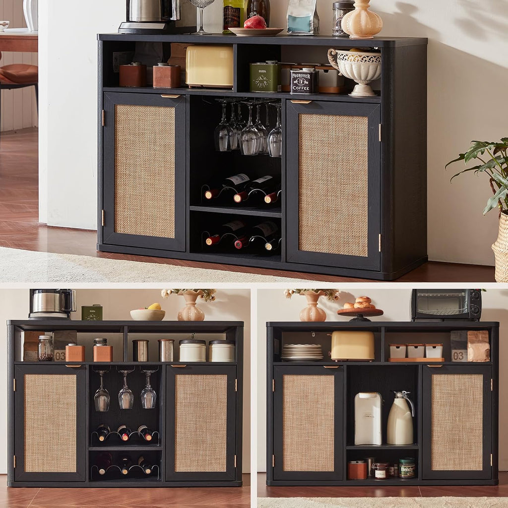 Lerliuo Rattan Wine Cabinet with 2 Doors, Boho Liquor Cabinet with Wine Racks, Farmhouse Coffee Bar Station for Living Room, Dining Room, Kitchen, Black