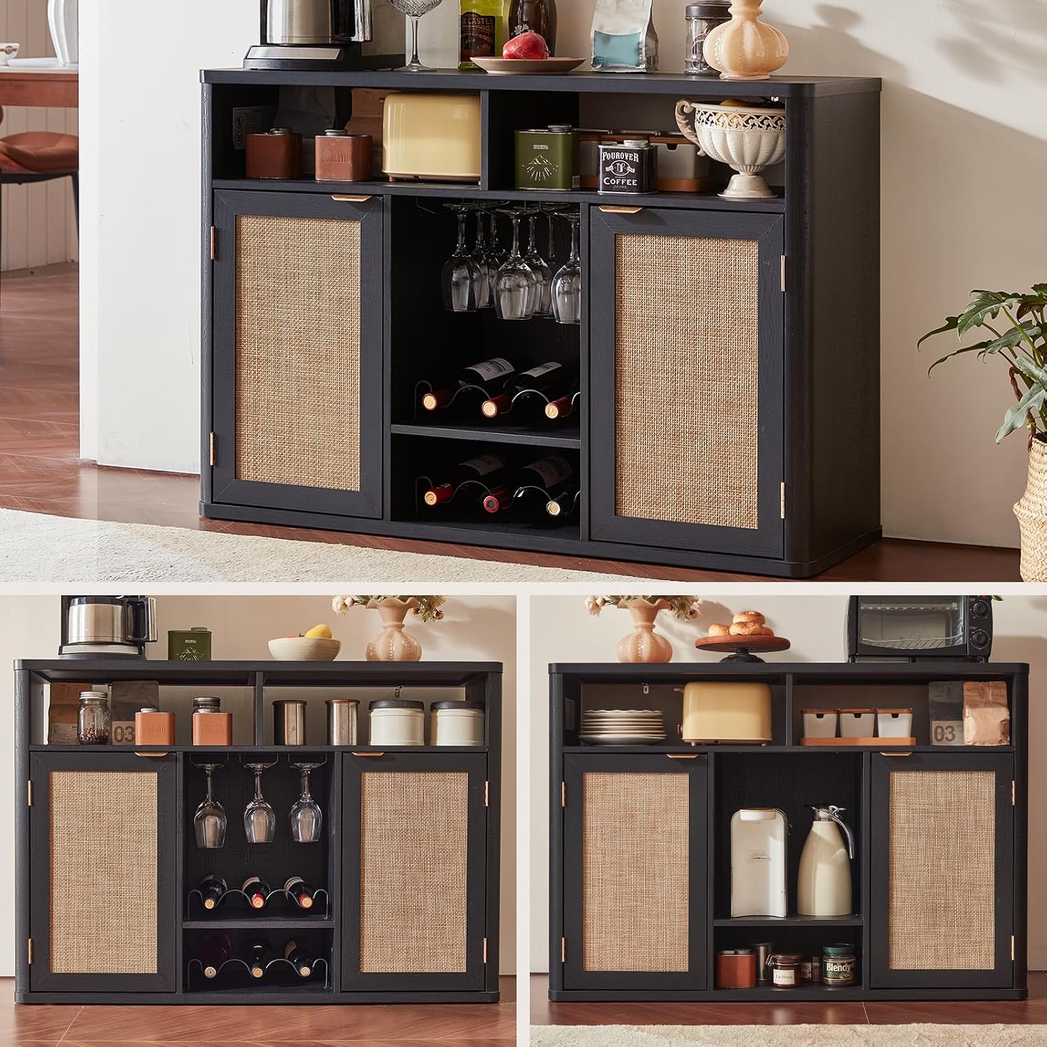 Lerliuo Rattan Wine Cabinet with 2 Doors, Boho Liquor Cabinet with Wine Racks, Farmhouse Coffee Bar Station for Living Room, Dining Room, Kitchen, Black