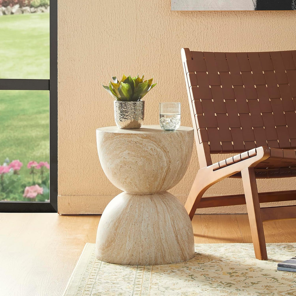 Glitzhome Outdoor Side Table Set of 2, 17.75' H Decorative Garden Stool MGO Hourglass Faux Terrazzo End Table, Round Planter Stand for Indoor Outdoor Living Room Bedroom Patio Deck Poolside