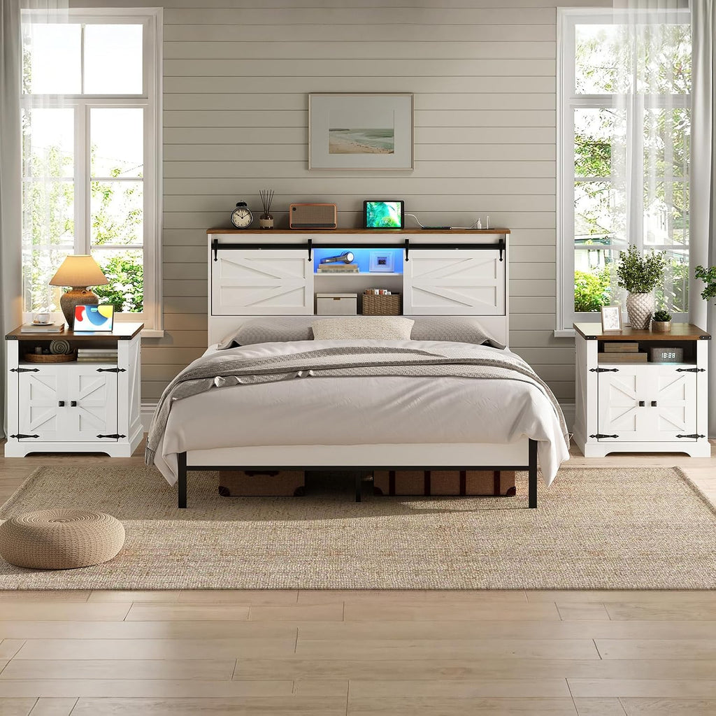 HOOBRO Farmhouse End Tables Set of 2 with Charging Station, 23.6' Large End Table for Living Room, Sofa Side Table with Barn Door, Wooden Square Nightstand Bedside Table, White and Walnut WH601UBZP201