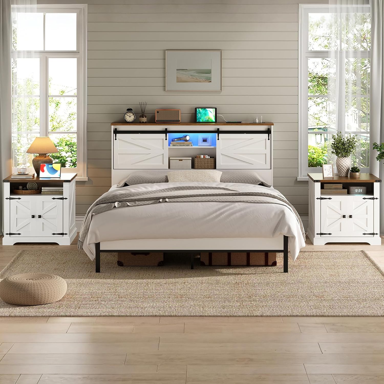 HOOBRO Farmhouse End Tables Set of 2 with Charging Station, 23.6' Large End Table for Living Room, Sofa Side Table with Barn Door, Wooden Square Nightstand Bedside Table, White and Walnut WH601UBZP201