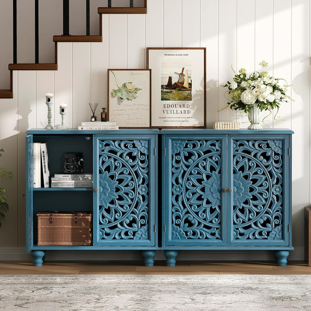 JOINICE Blue Accent Cabinet with Carved Doors, 31' Storage Cabinet for Entryway & Living Room, Vintage Sideboard Buffet Table with Adjustable Shelf, Solid Wood Legs, Boho Home Decor