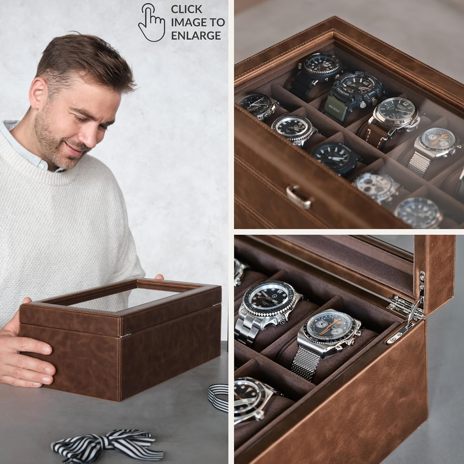 TAWBURY Watch Box for Men - 12 Slot Watch Case with Storage Drawer, Real Glass Display and 2-inch Wide Pillows for Large Watches (Brown)