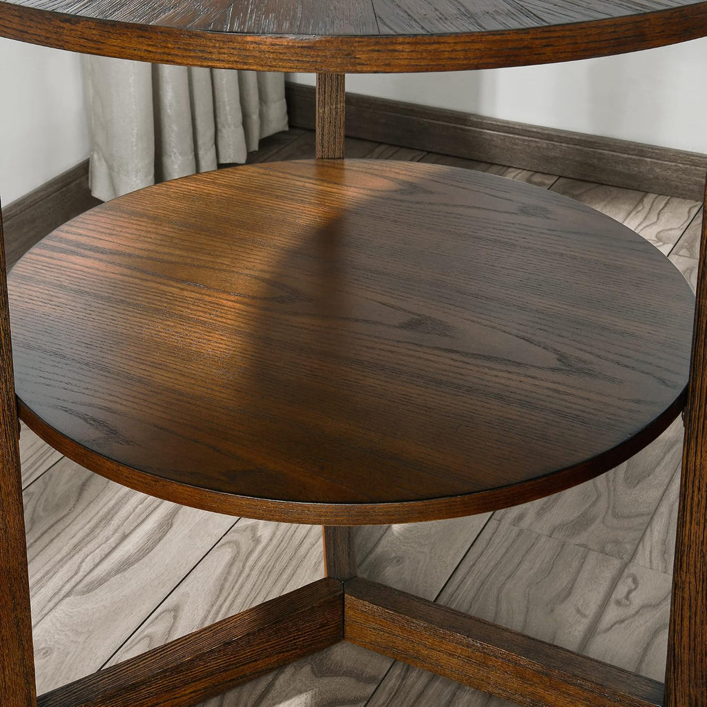 25.2' Large Round End Table with Storage Shelf, Farmhouse Beside Table with Wood Leg, Sofa Side Table, Telephone Table for Living Room, Easy Assembly Vintage Brown CJZ3338NC
