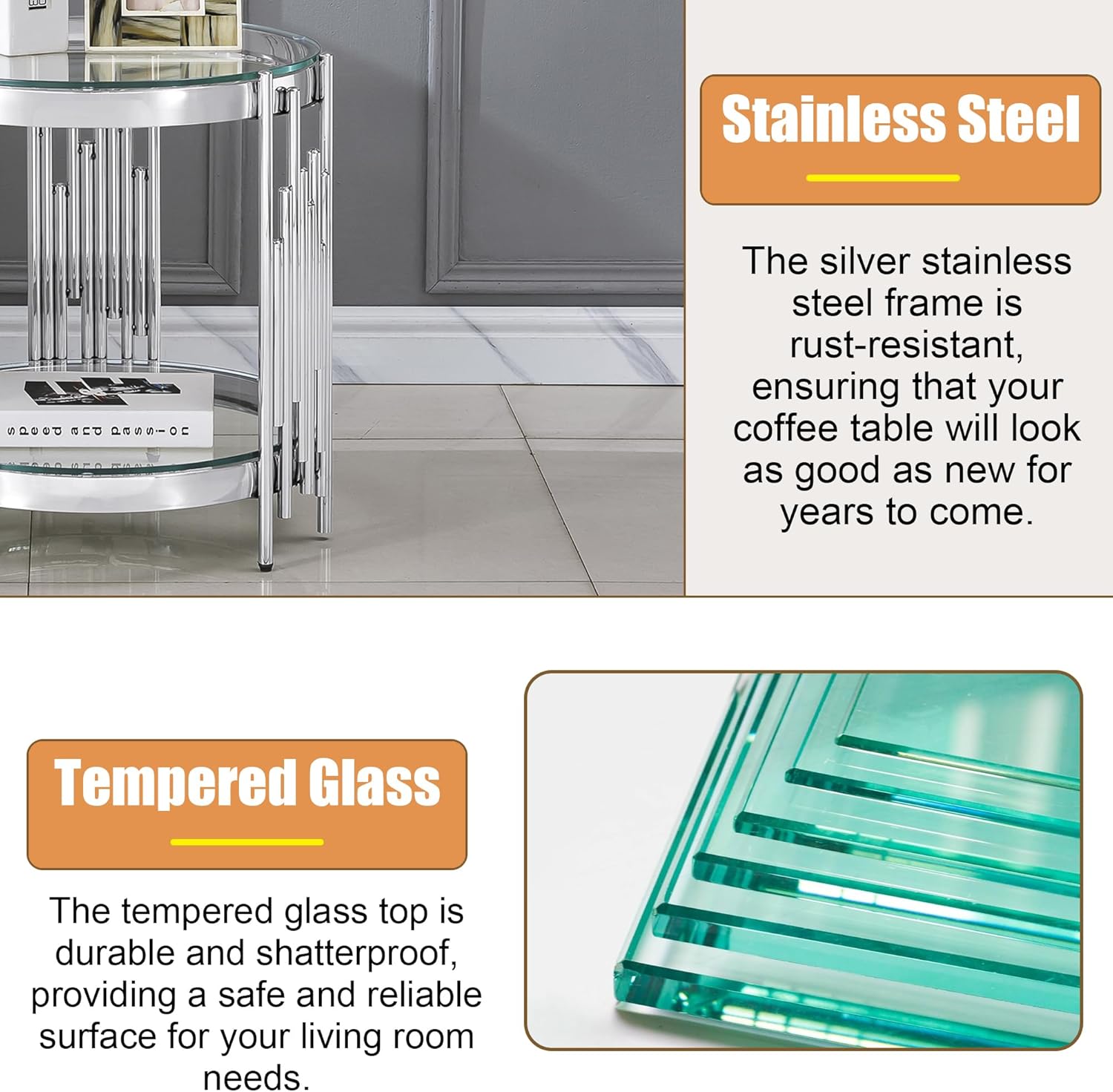 20' Round Glass End Table, 2-Tier Silver Side Table with Stainless Steel Legs and Clear Tempered Glass, Modern Luxury End Table for Living Room Home Office