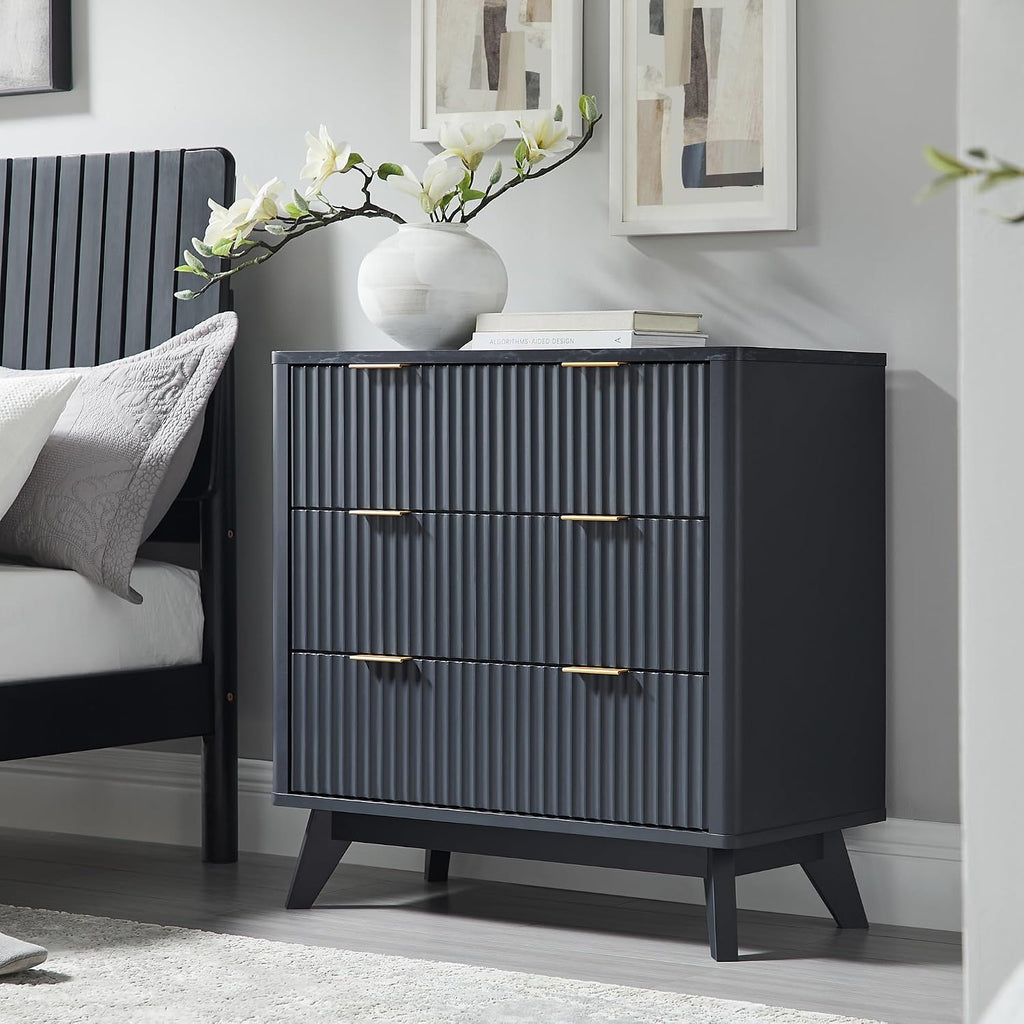 T4TREAM Fluted 3 Drawers Nightstand Set of 2, Oversized Extra Large Modern Side Table with Faux Marble Top, End Table Bedside for Bedroom, Living Room, Curved Profile Design, Dark Grey | Fluted