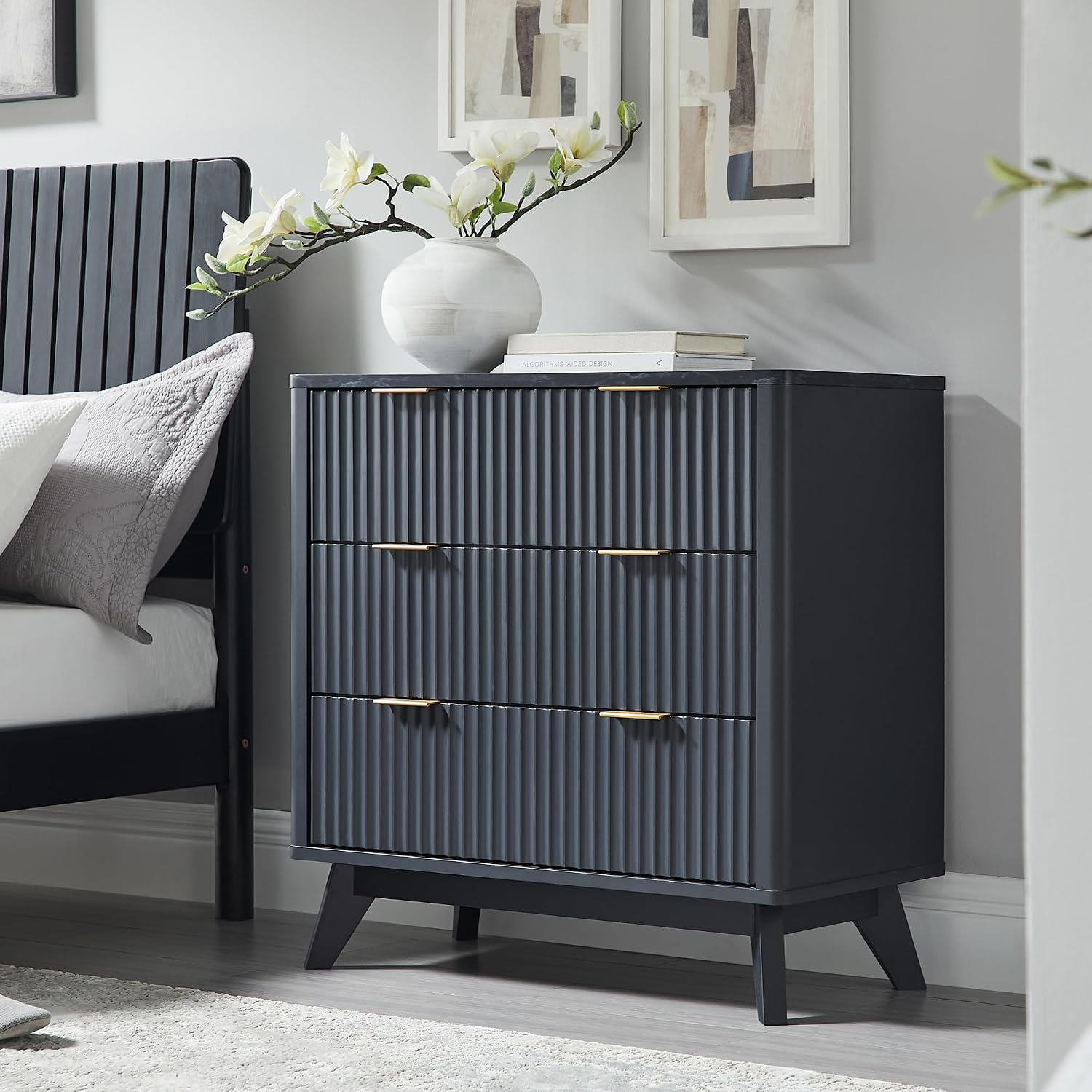T4TREAM Fluted 3 Drawers Nightstand Set of 2, Oversized Extra Large Modern Side Table with Faux Marble Top, End Table Bedside for Bedroom, Living Room, Curved Profile Design, Dark Grey | Fluted