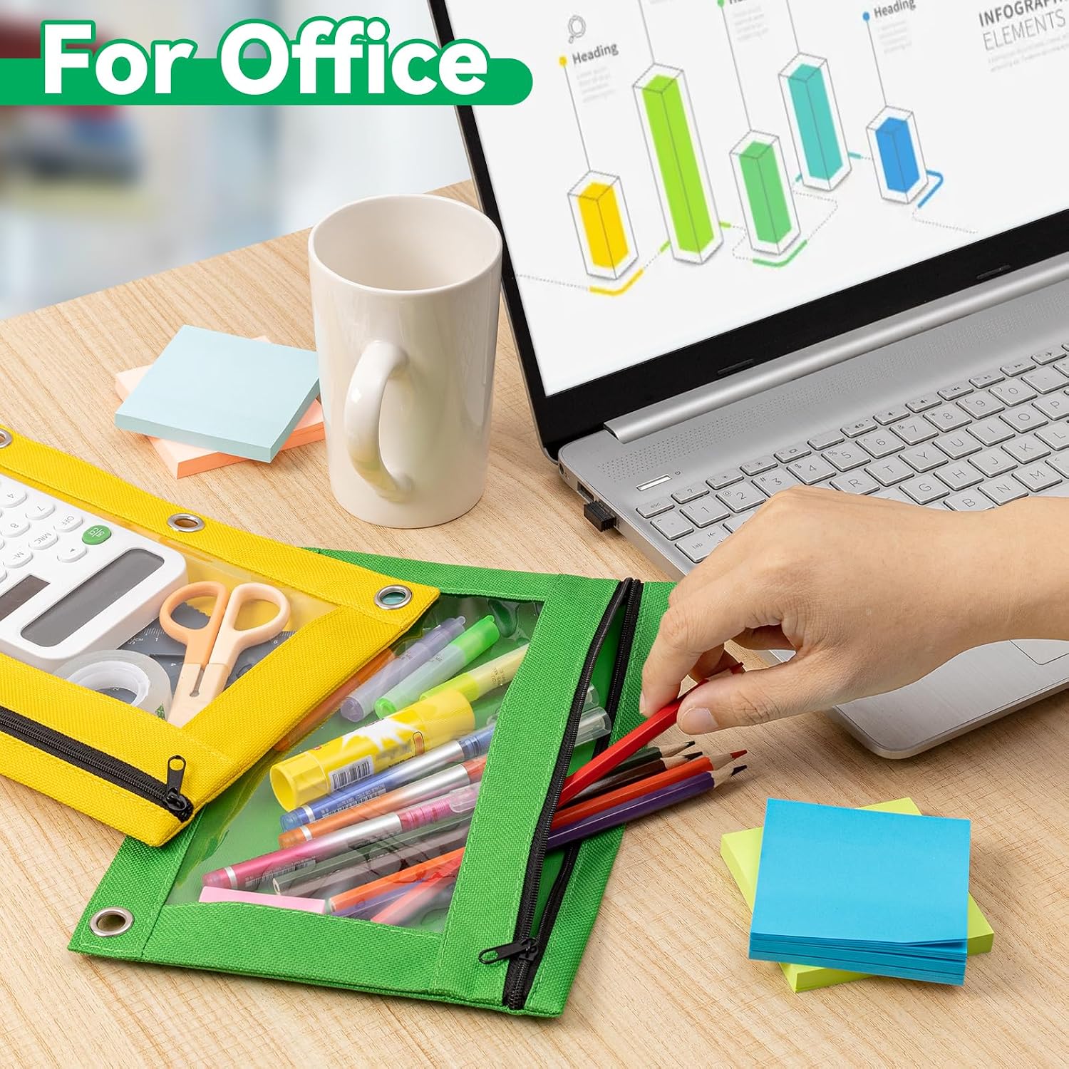 Pencil Pouch for 3 Ring Binder, Bulk 576 Pack 3-Holes Zipper Pencil Pouches in Assorted Colors, Sturdy and Durable Cloth Pencil Holder with Clear Window for Office School College Supplies